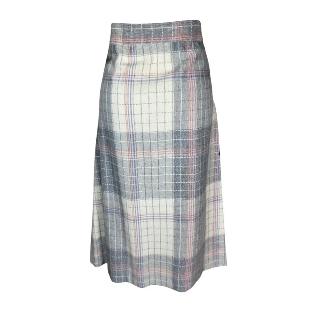 VTG 70s Wool Blend Grey Pink Plaid Tweed Midi Secretary Academia Librarian Skirt